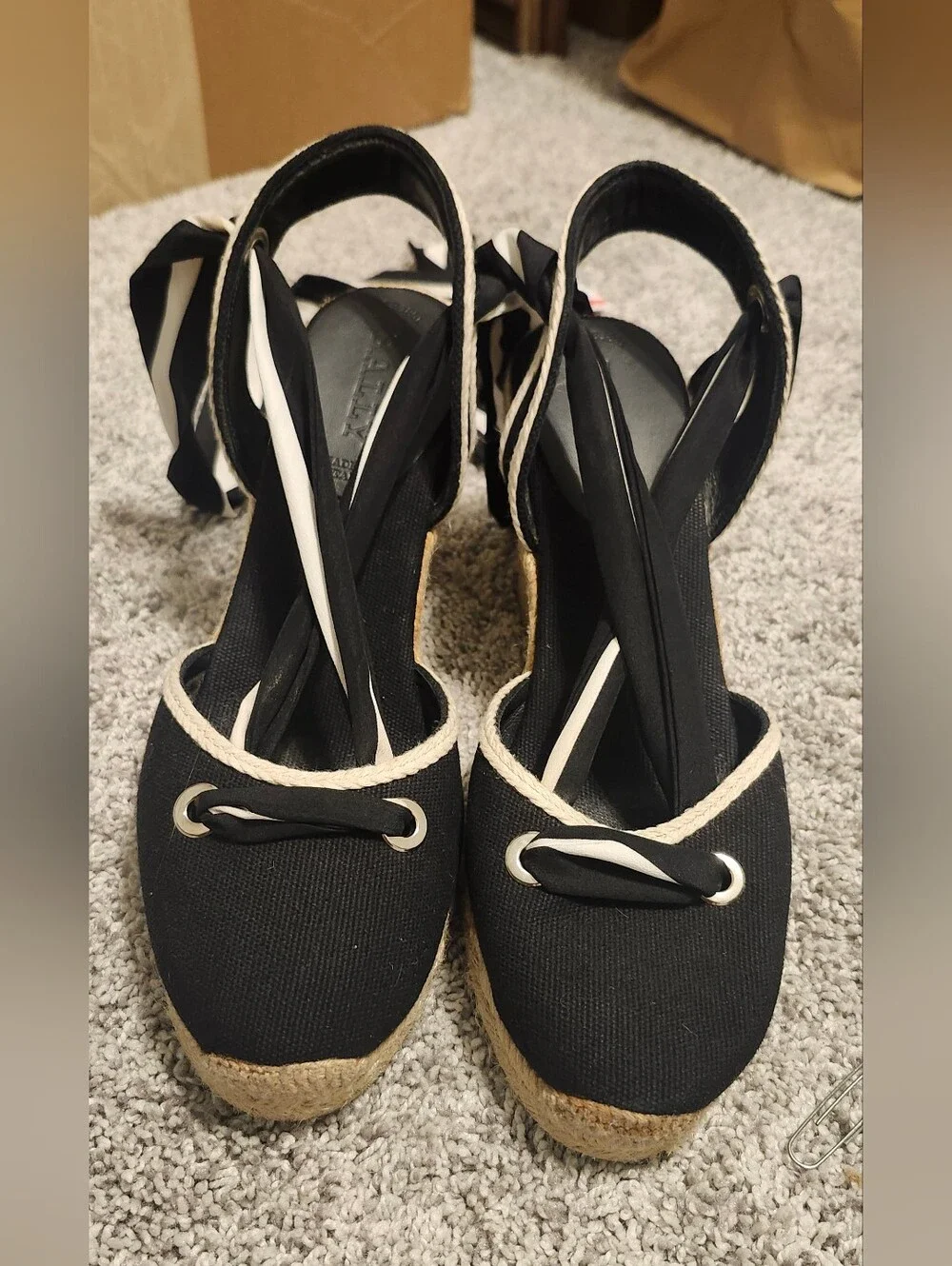 Bally $590 Wedge Espadrilles Size 8 Black/White Logo Ankle Tie